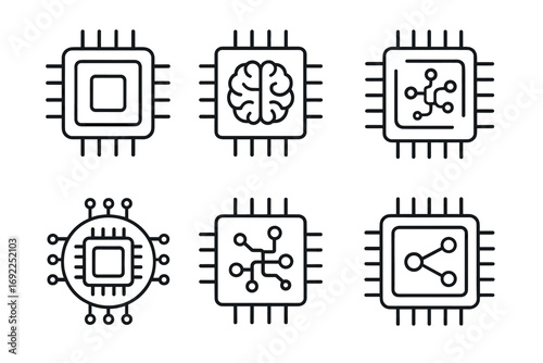 Set of six microchip icons representing ai and technology concepts