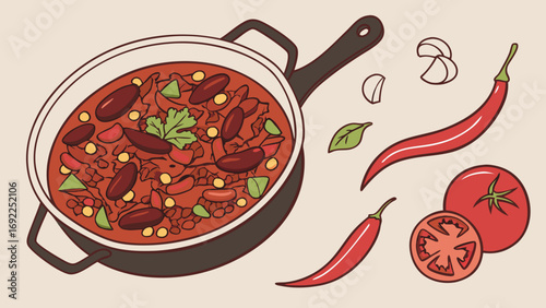 Spicy Chili Stew in Pot with Chili Peppers Tomatoes and Garlic Food Illustration.