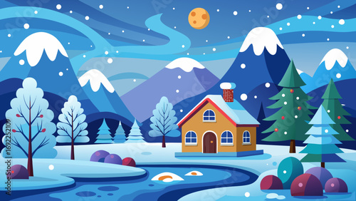Cozy winter cabin nestled in a snowy landscape with mountains pine trees and a full moon