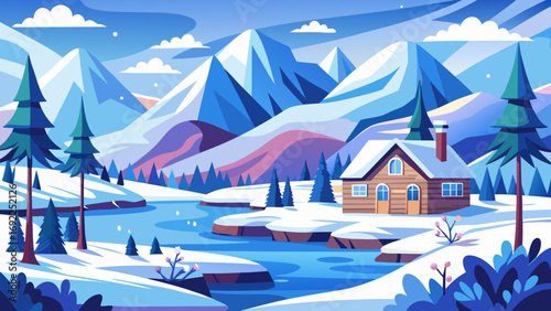 Cozy wooden cabin nestled beside a frozen river surrounded by snow covered mountains and pine trees