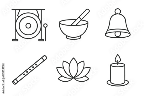 Line art of gong, singing bowl, bell, flute, lotus, and candle symbols