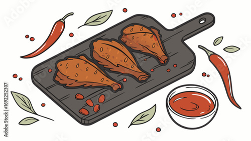Spicy Roasted Chicken Legs on Wooden Board with Chili Peppers and Sauce Illustration.