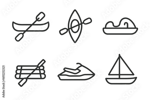 Set of nautical icons: canoe, kayak, speedboat, raft, jet ski, sailboat
