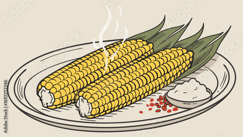 Steaming Corn on the Cob with Side Dish on Plate Delicious Food Illustration.