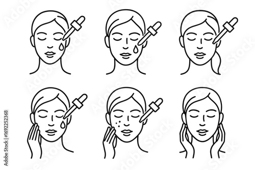 Skincare routine steps for young adult females with line art illustrations