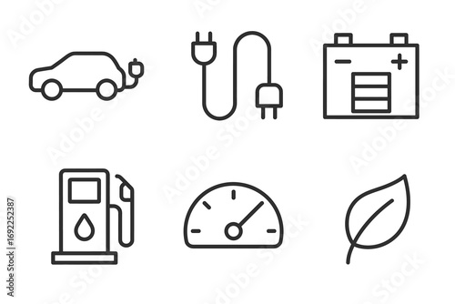 Electric vehicle icons: car, plug, battery, pump, speedometer, leaf