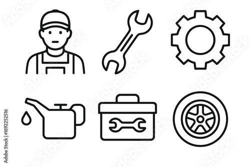 Automotive maintenance icons set featuring mechanic, tools, and gear symbols