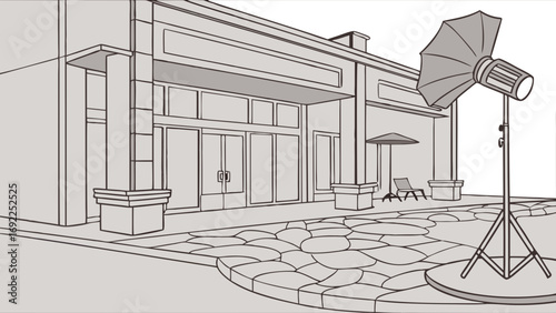 Store exterior with lighting equipment and patio seating illustration design architecture drawing.