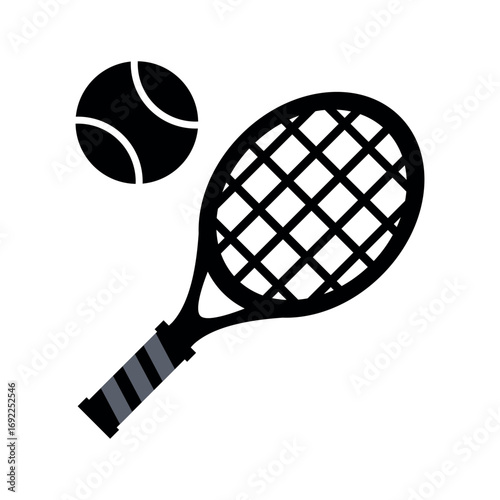 Black tennis racket and ball isolated on white background