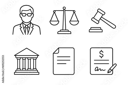 Law and justice icons: scales, gavel, lawyer, court, contract