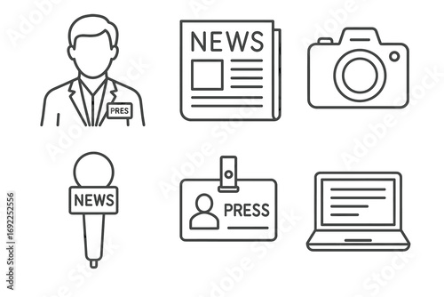 Journalism essentials: icons of news, press, and media tools