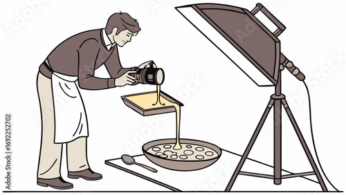 Studio Food Photography Person Pouring Batter into Bowl Under Lighting.