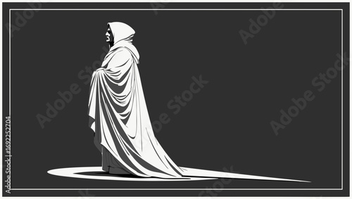 Mysterious hooded figure in long robe dramatic silhouette black and white illustration fantasy art character design elegant spiritual gothic style mystical medieval religious mysteriou.