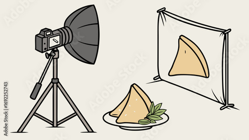 Studio Food Photography Setup with Camera Lighting and Triangular Shaped Food Item on Plate.