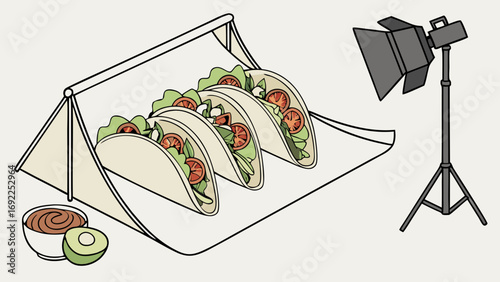 Studio Food Photography Three Tacos with Sauce and Avocado on White Background.