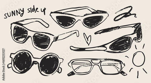 Various Sunglasses. Sketchy, grunge style. Different shapes. Plastic, metal frame. Hand drawn modern Vector illustration. Isolated design elements. Summer fashion accessories, sun protection concept