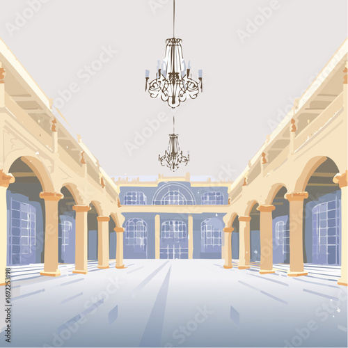 Pixelated Palace Interior With Chandeliers