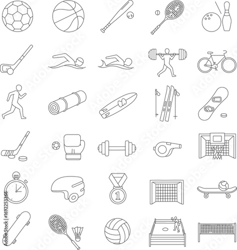 An illustrated set of various sports equipment icons for diverse athletic and recreational activities.