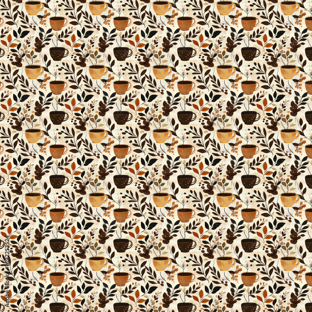 Rustic coffee seamless pattern featuring hand-drawn cups, beans, and delicate branches, created in warm earthy tones for a cozy, organic, and timeless design perfect for textiles, wallpaper.