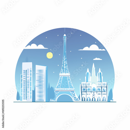 Paris Skyline At Night In Pastel Blue