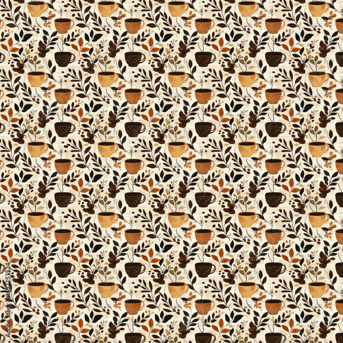 Rustic coffee seamless pattern featuring hand-drawn cups, beans, and delicate branches, created in warm earthy tones for a cozy, organic, and timeless design perfect for textiles, wallpaper.