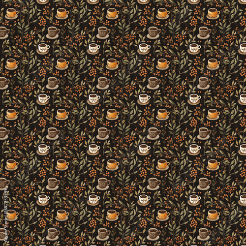 Rustic coffee seamless pattern featuring hand-drawn cups, beans, and delicate branches, created in warm earthy tones for a cozy, organic, and timeless design perfect for textiles, wallpaper.