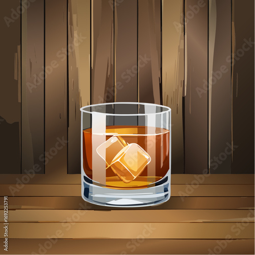 Whiskey Glass With Ice Cubes On Wooden Background