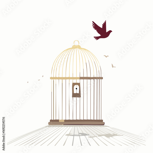 Empty Birdcage With Bird Flying Away