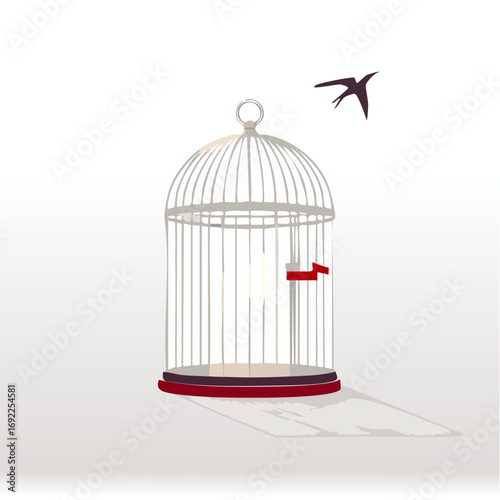Empty Birdcage With Bird Flying Away