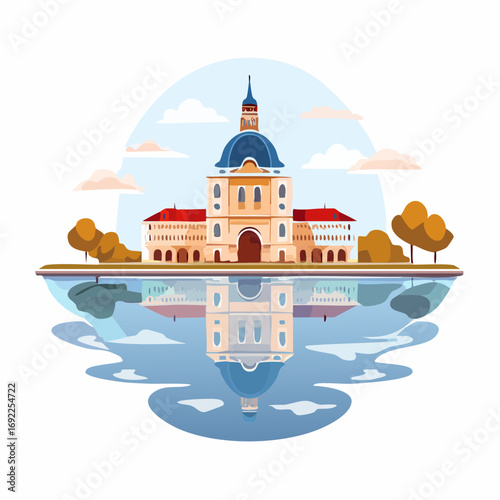 Reflective Palace Building Landscape Illustration
