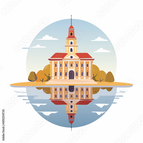 Symmetrical Building Reflection Autumn Landscape