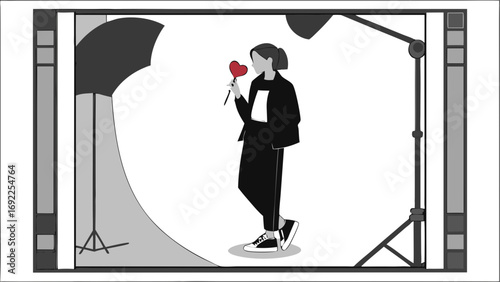 Studio Photography Person Holding Heart Black and White Illustration Simple Design Minimalist Style Graphic Art Valentines Day Concept Love Theme Romantic Illustration Fashion Illustrati.