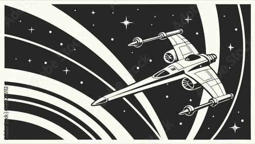 Retro Spaceship Flying Through Space Black and White Illustration Sci-Fi Artwork.