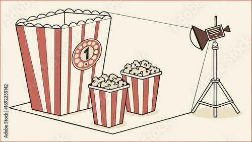 Studio Still Life with Popcorn and Lighting Setup Movie Night Cinema Snack Food Illustration Design Graphic Vector Cartoon Retro Vintage Festive Celebration Entertainment Photo Sho.