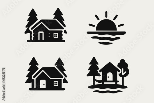 Travel and Outdoor Icons Set – Cabin, Tent, Sunset, Tropical Hut
