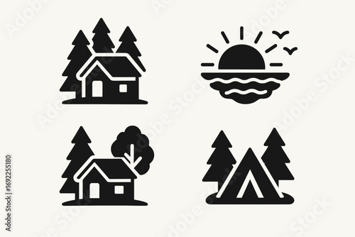 Travel and Outdoor Icons Set – Cabin, Tent, Sunset, Tropical Hut