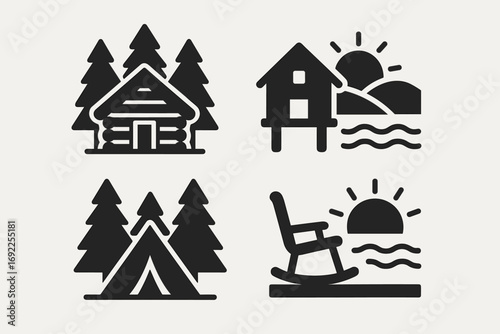 Travel and Outdoor Icons Set – Cabin, Tent, Sunset, Tropical Hut
