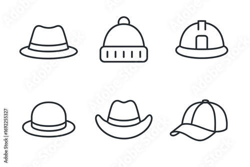 Outline illustrations of diverse hat styles: fedora, beanie, hard hat, bowler, cowboy, baseball cap