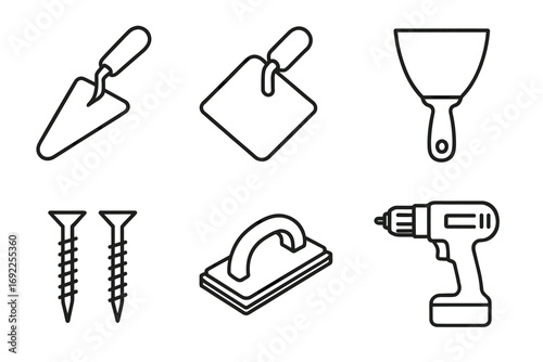 Construction tools line icons: trowel, putty knife, screws, and drill
