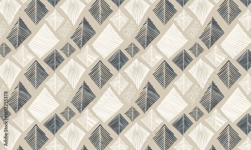 Hand-Drawn Diamond Texture Seamless Pattern, Rustic Woven Geometric Rhombus Background