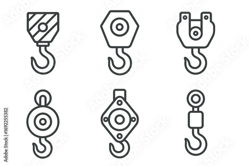 Set of six industrial crane hooks with simple line art design