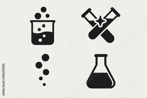Chemistry and Laboratory Icons Set – Flask, Test Tubes, Beaker, Science Symbols