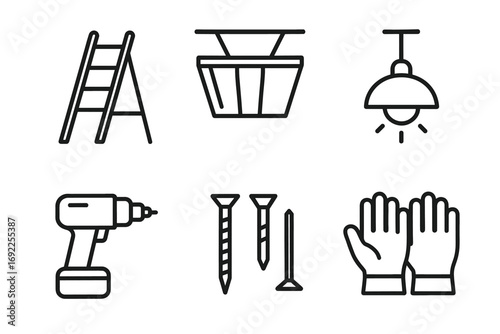 Construction tools and equipment icons: ladder, drill, gloves, nails, helmet, light