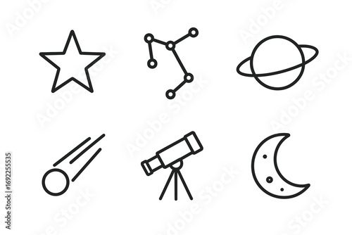 Astronomy icons: star, constellation, planet, comet, telescope, moon illustrations