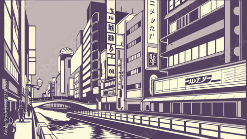 Stylized Cityscape Illustration Canal Buildings and People Walking Along a Waterfront Promenade.
