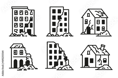 Outline illustrations of earthquake-damaged buildings with cracks and debris