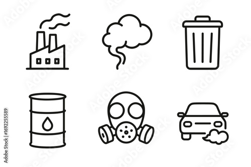 Pollution icons: factory, cloud, trash bin, oil barrel, gas mask, car emissions