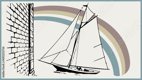 Sailboat at the harbor with a rainbow in the background nautical illustration vector art.