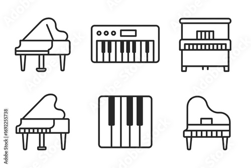 Outline icons of pianos and keyboards: grand, upright, and synthesizer