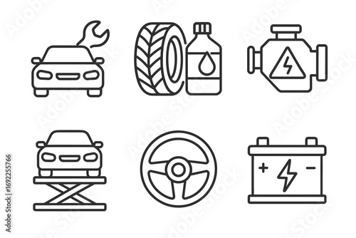 Automotive icons: car maintenance, tires, fluids, engine, battery, steering wheel